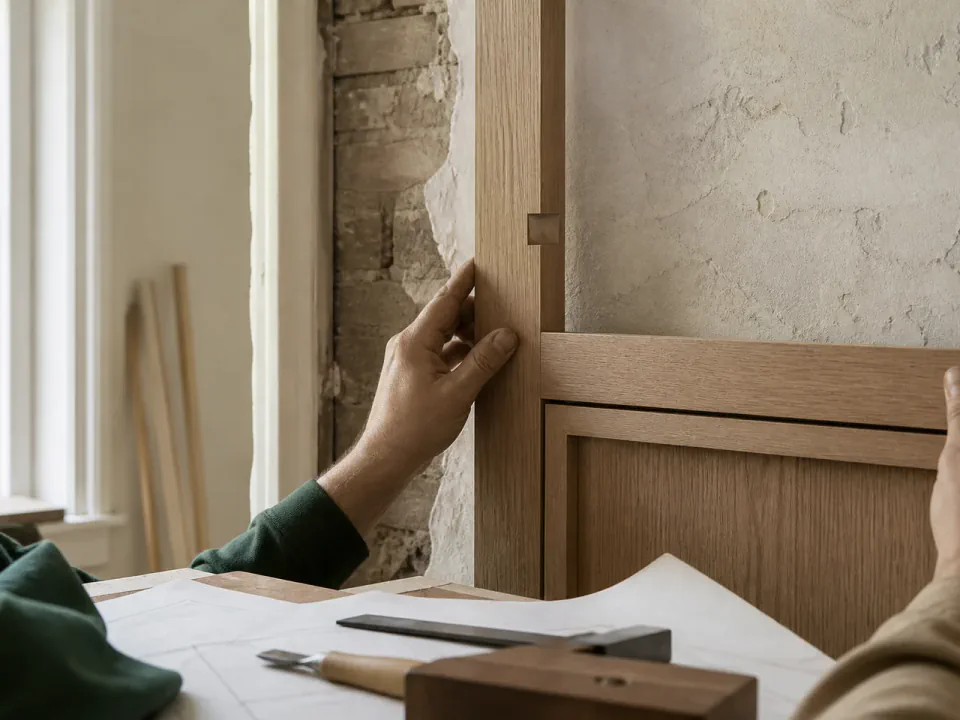 Craftsperson working on oak cabinetry in the Cedar / Mortar studio concept.