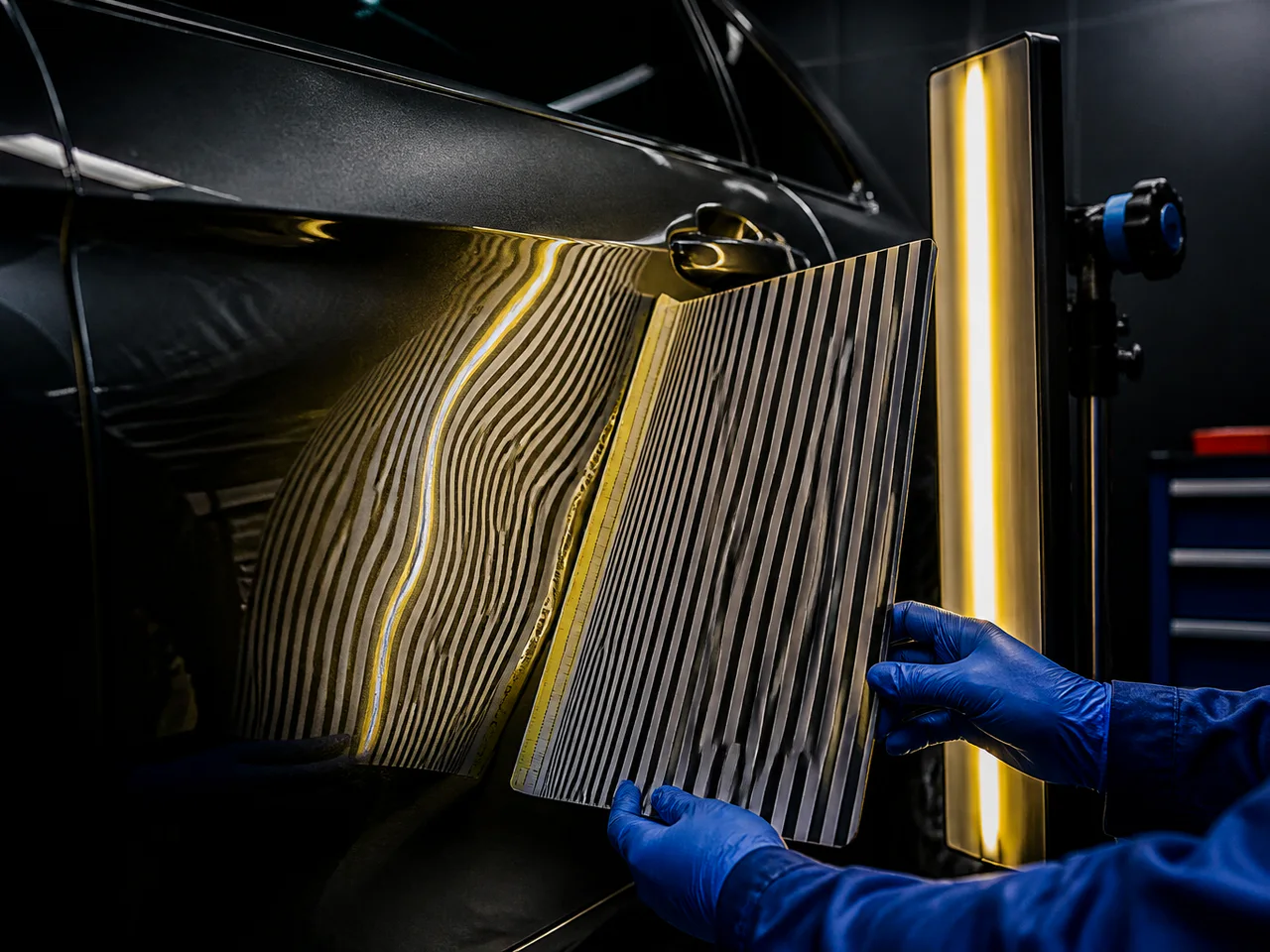 A technician inspects a black body panel under striped shop light.