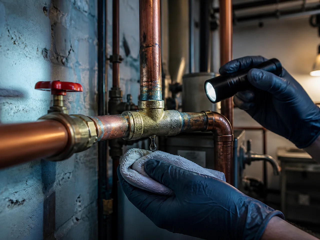 A plumber inspects a drop forming at a copper joint.