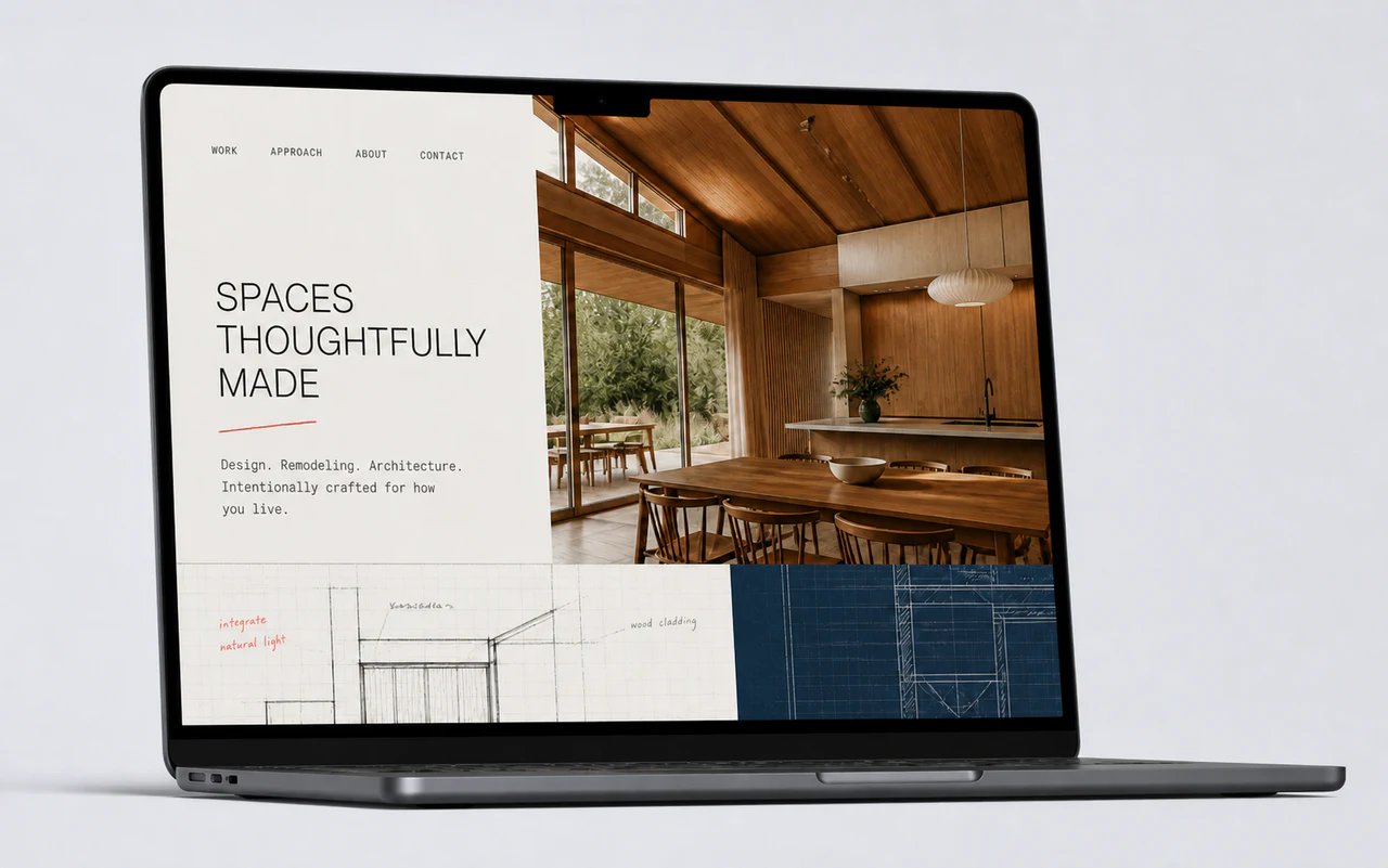 Desktop website mockup for an architectural remodeling studio with warm timber photography.