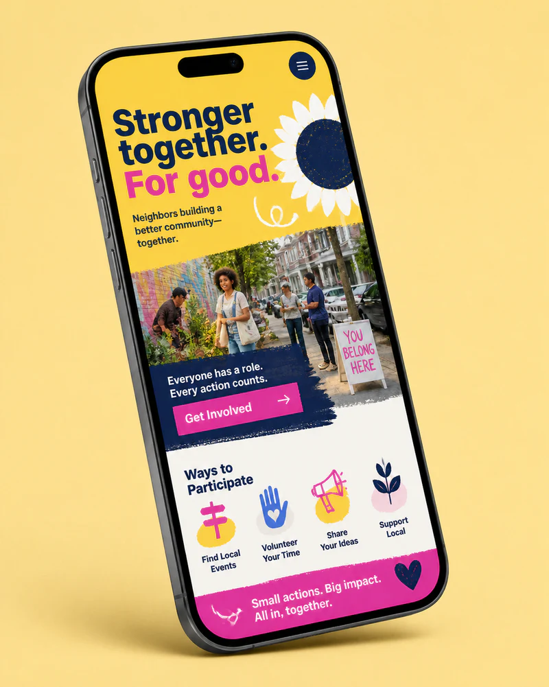 Mobile website mockup for a bright nonpartisan neighborhood participation campaign.