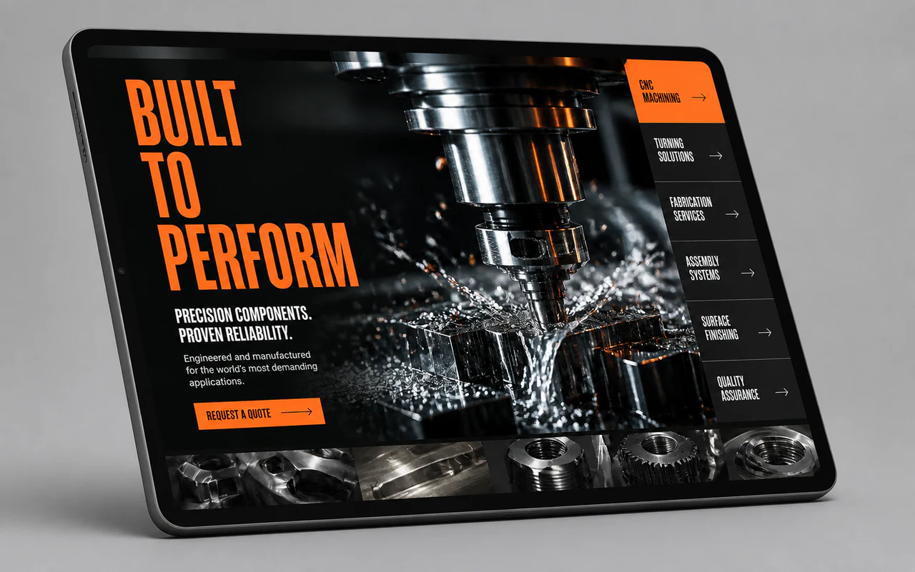 Tablet website mockup for an industrial manufacturer with bold orange technical art direction.