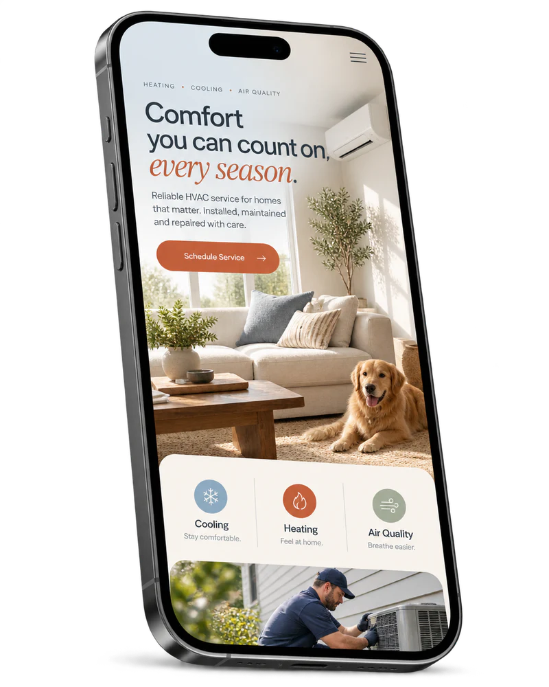 Mobile website mockup for a calm residential comfort and HVAC service experience.