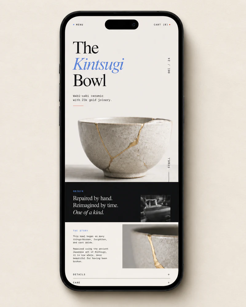 Mobile website mockup for a museum-like collectible design and specialty retail experience.