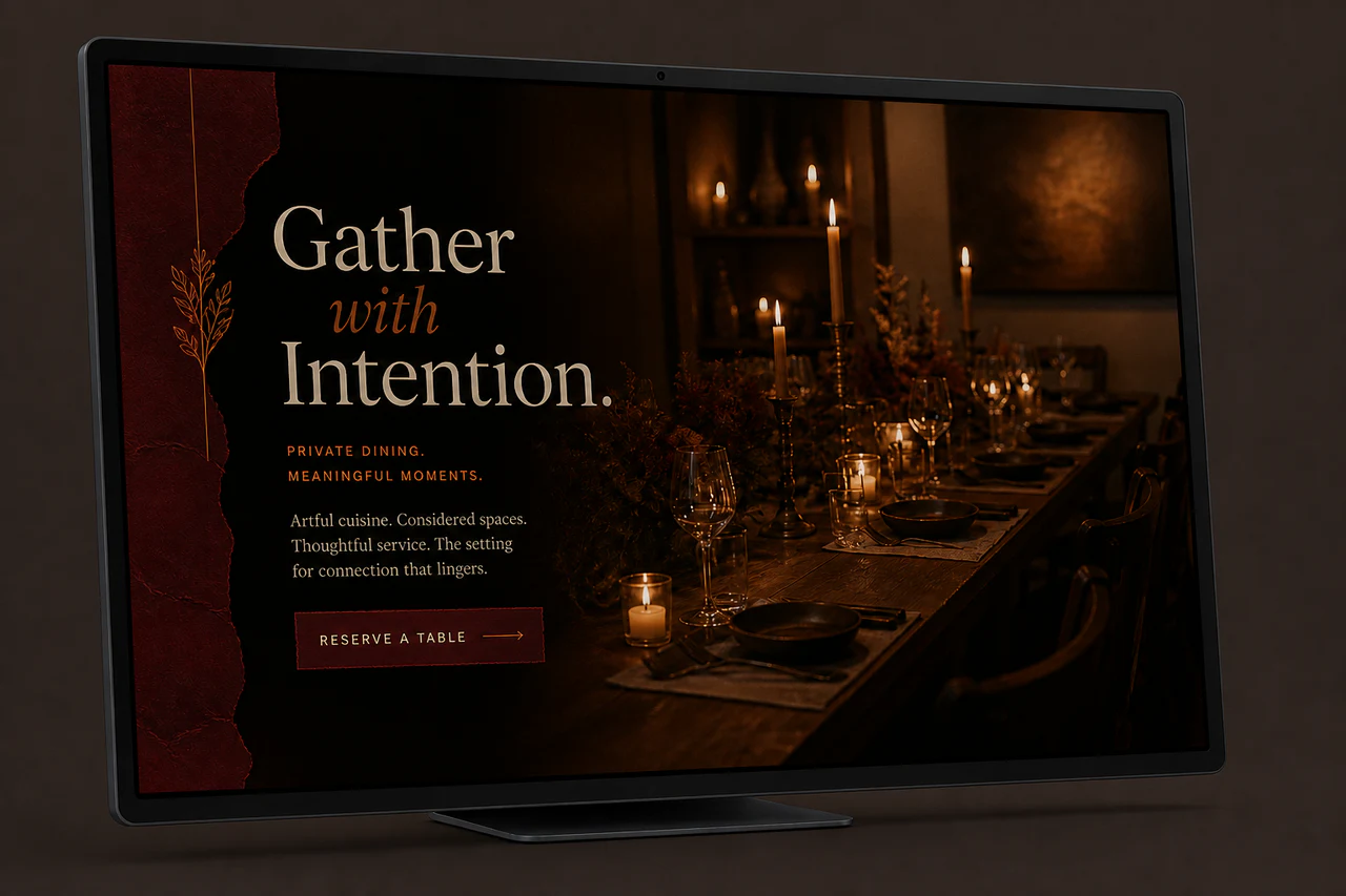 Desktop website mockup for an intimate private-dining experience in oxblood and candlelight.