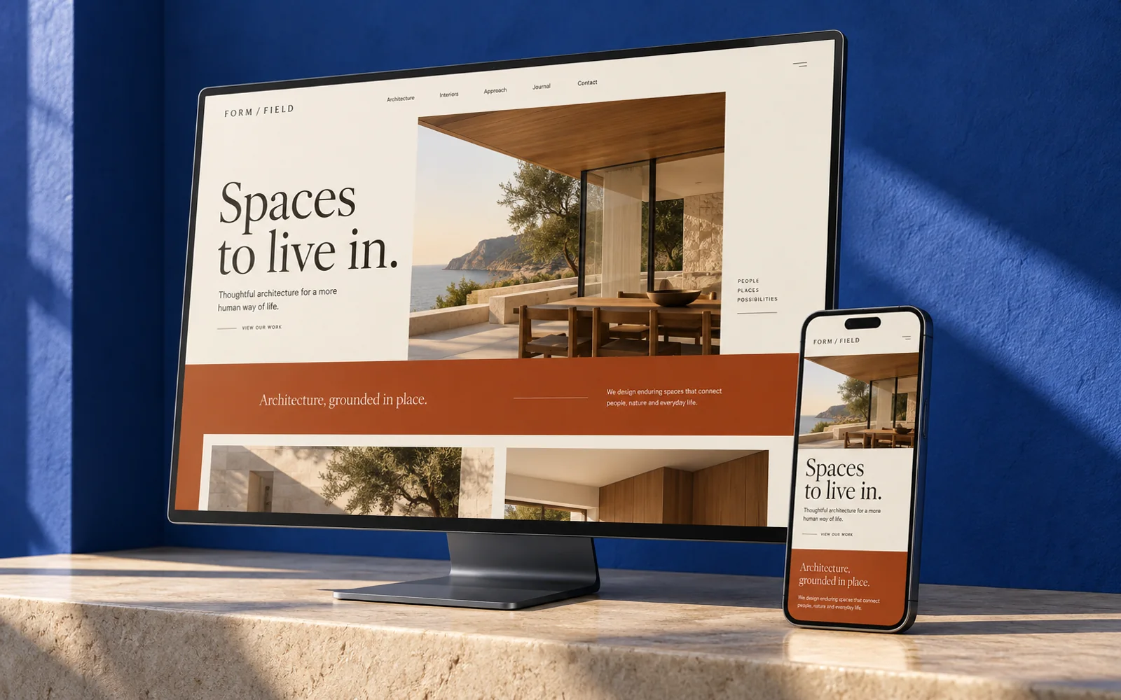 Fictional Form / Field architecture website, art-directed for desktop and mobile in ivory, oak, and rust.