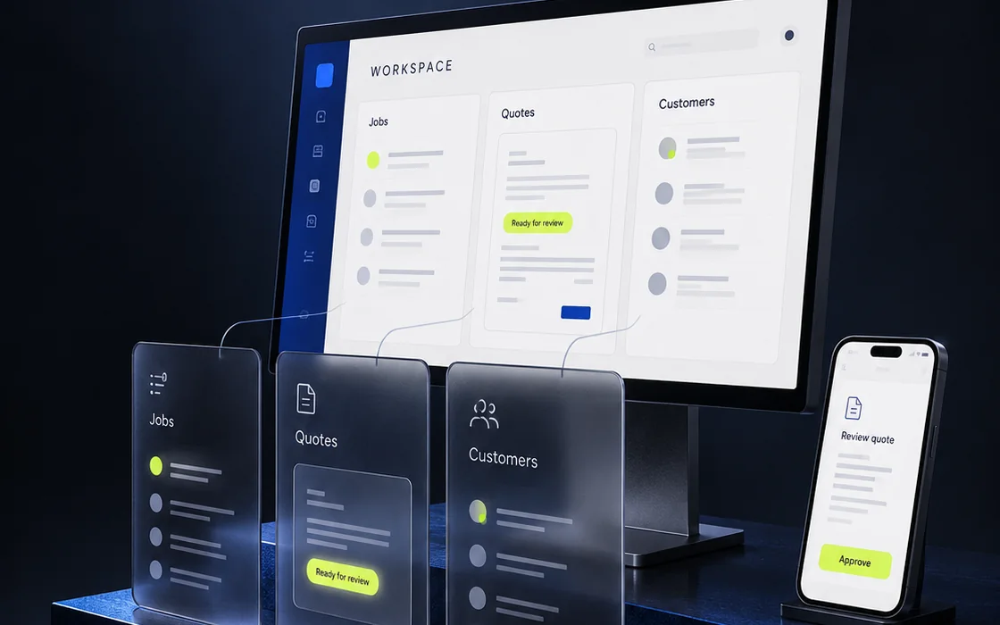 Detail of a concept workspace connecting jobs, quotes, and customer records.
